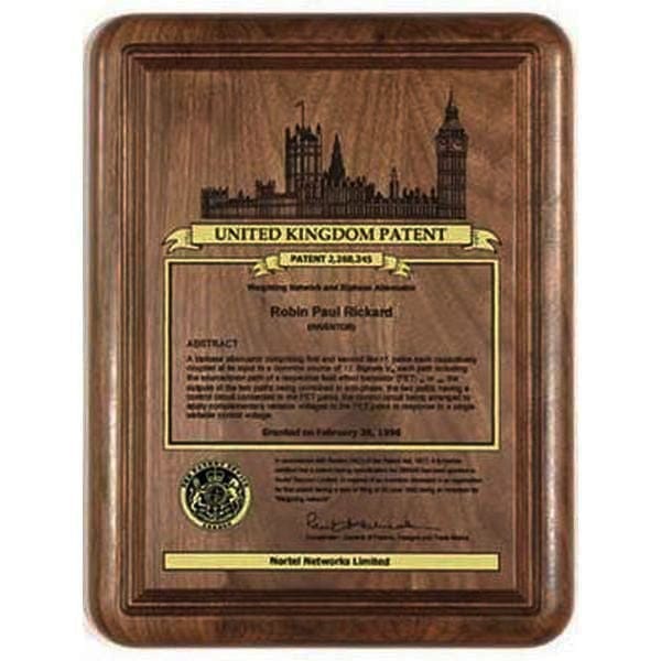 United Kingdom Patent Plaque - Solid Walnut (A3150) Patent Plaque Quest Awards - Patent Plaque