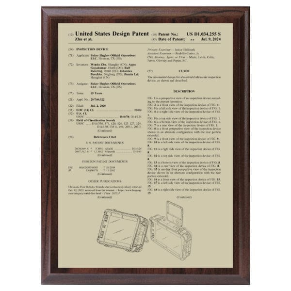 USA Design Patent Plaque - Front Page Gold on Cherrywood (A6183) Patent Plaque Quest Awards - Patent Plaque