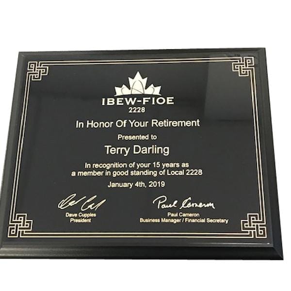 Plaque - IBEW Retirement Plaque - Black with Black Plate/Gold Engraving (A3520) - Quest Awards